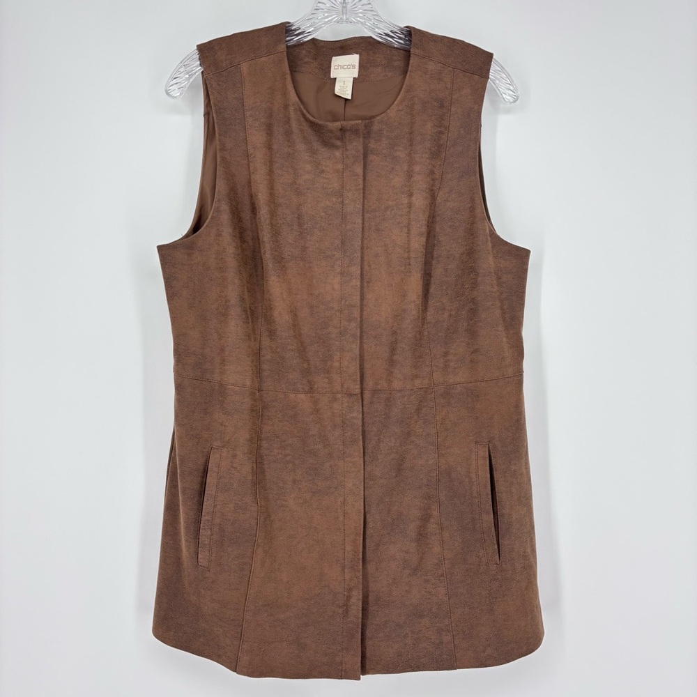 Chico's Faux Suede Brown Long Vest Size 8 Business Casual Travel Coastal Grandma